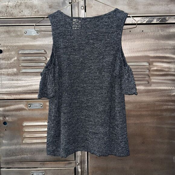 Anthropologie Moth Black Cold Shoulder Raw Hem Flutter Sleeved Blouse | Small - Picture 3 of 4